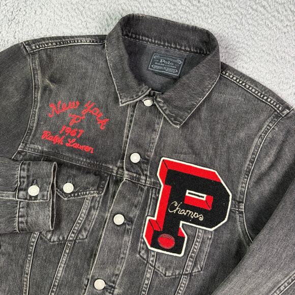 Polo Ralph Lauren RL Varsity Football Bulldog Denim Jean Jacket Mens M Black - Picture 4 of 10